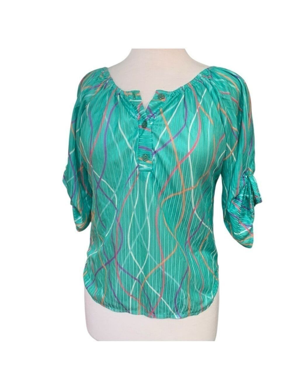 70’s era teal and multi colored elbow sleeved blouse size M